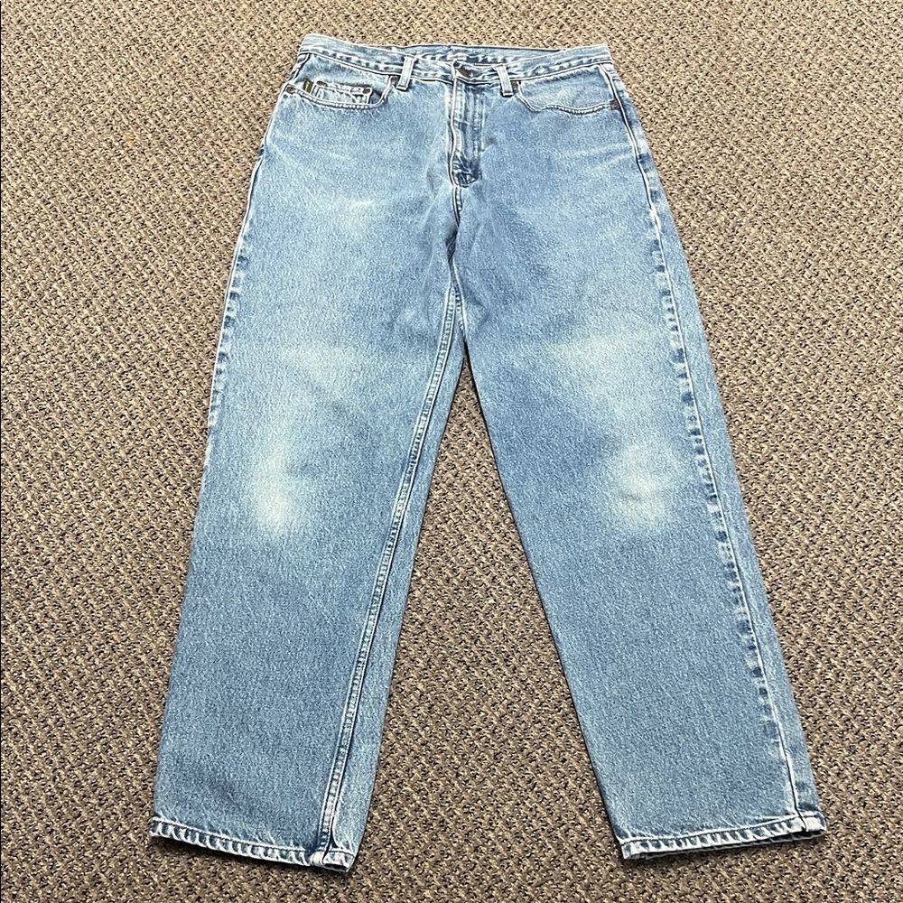 Men's Light Blue Haggar Mustang Jeans Label Size 34x32 Star Logo Relaxed Fit Y2K